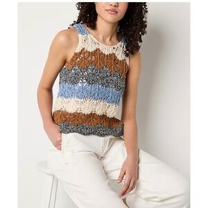 a.n.a Women's Crew Neck Blue Brown Crochet Pullover L